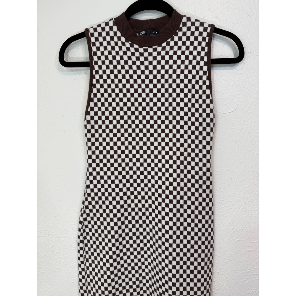 Zara Brown White Checkered Knit Sleeveless Midi Bodycon Dress Small